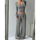 Stripe Square Neck Tops Wide Leg Pants 2 Piece Set GYWO-55053