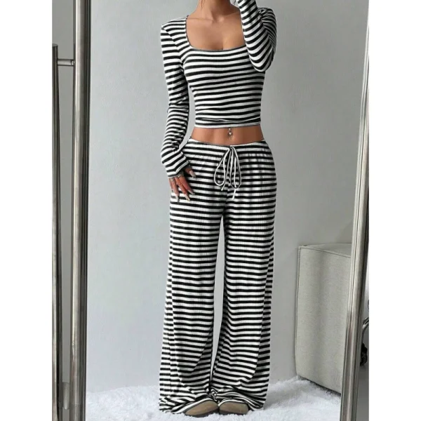 Stripe Square Neck Tops Wide Leg Pants 2 Piece Set GYWO-55053