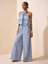 Halterneck Stripe Print Backless Jumpsuit NY-11282