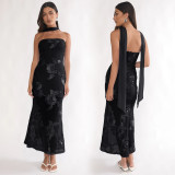 Sexy Ribbon Print Backless Tube Top Maxi Dress BY-7671