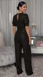 Short Sleeve V Neck Wide Leg Jumpsuit OSM-4498