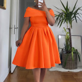 Plus Size Off Shoulder Solid Color Big Swing Midi Dress GATE-622