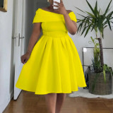 Plus Size Off Shoulder Solid Color Big Swing Midi Dress GATE-622