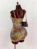V Neck Print Lace Patchwork Sling Mini Dress GXIY-K25L753