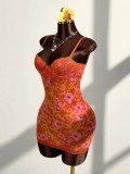 V Neck Print Lace Patchwork Sling Mini Dress GXIY-K25L753