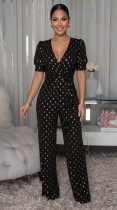 Short Sleeve V Neck Wide Leg Jumpsuit OSM-4498