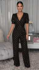 Short Sleeve V Neck Wide Leg Jumpsuit OSM-4498