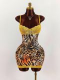 V Neck Print Lace Patchwork Sling Mini Dress GXIY-K25L753