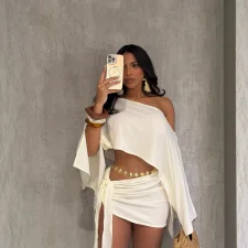 Slash Neck Off Shoulder Tie Up Two Piece Skirts Set QYMF-A740