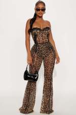 Sexy Leopard Print Tube Top Two Piece Pants Set SHD-9976