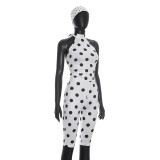 Polka Dots Print Tie Up Backless Seventh Jumpsuit(With Headscarf) GDSF-D26JP095
