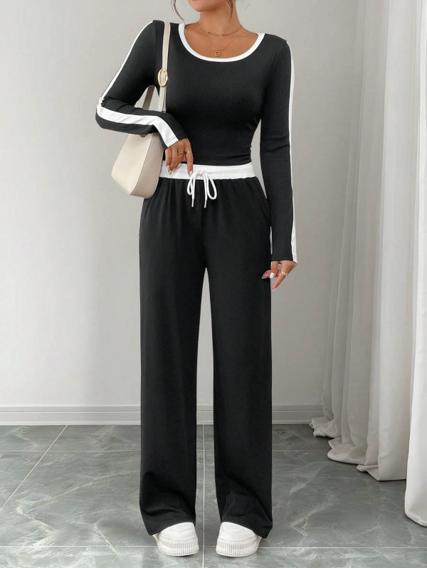 Long Sleeve Loose Color Block Pants Suit HNIF-MC003