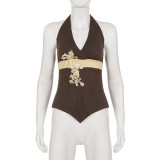 Floral Embroidery Sequin Halterneck Tank Tops GPKJ-MR47944