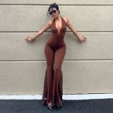 V Neck Backless Mesh Patchwork Jumpsuit GPKJ-MR18592