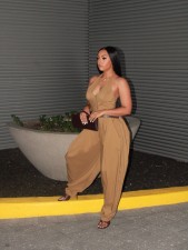 Halterneck Solid Color Zipper Jumpsuit(Without Belt) TE-4755