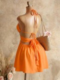 Solid Color Sling Backless Tie Up Mini Dress GHYX-TXY5285