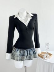 V Neck Long Sleeve Patchwork Tops GYXN-95160