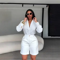 Lapel Solid Color Shirt Two Piece Short Set BMF-860