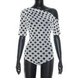 Polka Dots Print Slash Neck Mesh Bodysuit MXBF-J26BS139