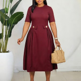 Plus Size Solid Color Short Sleeve Midi Dress GCZF-8661