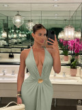 Halterneck Deep V Neck Backless Maxi Dress GWSD-D1995197