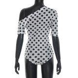 Polka Dots Print Slash Neck Mesh Bodysuit MXBF-J26BS139