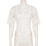 Lace Patchwork V Neck T Shirt GPKJ-MR48607