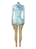 Hooded Zipper Long Sleeve Shorts 3 Piece Set(With Headband) CH-26019