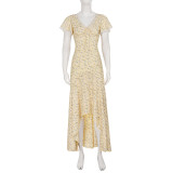 Lace Patchwork V Neck Print Maxi Dress GPKJ-MR48517