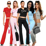 Letter Print Short Sleeve Sport Two Piece Pants Set FOSF-8830