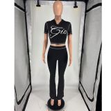Letter Print Short Sleeve Sport Two Piece Pants Set FOSF-8830