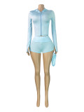 Hooded Zipper Long Sleeve Shorts 3 Piece Set(With Headband) CH-26019