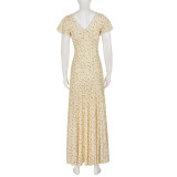 Lace Patchwork V Neck Print Maxi Dress GPKJ-MR48517