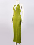 Deep V Neck Halterneck Maxi Dress GYHF-32577DBY