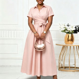 Plus Size Lapel Short Sleeve Tie Up Midi Dress GCZF-8662