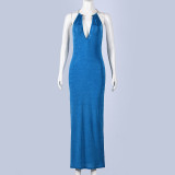 Deep V Neck Halterneck Maxi Dress GYHF-32577DBY