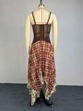 Retro Plaid Print Irregular Long Skirt 2 Piece Set GCNE-75207