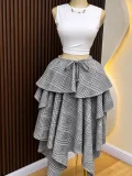 Plaid Print Tie Up Irregular Long Skirts GCNE-75218