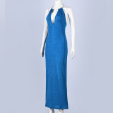 Deep V Neck Halterneck Maxi Dress GYHF-32577DBY