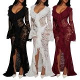 Lace V Neck Long Sleeve Maxi Dress AIL-348
