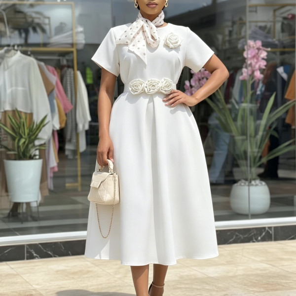 Plus Size Short Sleeve 3D Flower Midi Dress GATE-627