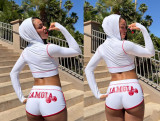 Letter Print Zipper Hooded Two Piece Shorts Set GKYS-2981
