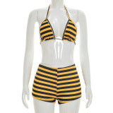 Stripe Print Short Sleeve Three Piece Shorts Set GDSF-J26ST161