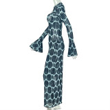 Print Hollow Out Long Sleeve Maxi Dress  GJYO-JD305311