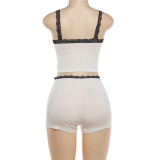 Lace Eage Patchwork Sling Loungewear Short Suit DLSF-K6S05185A