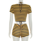 Stripe Print Short Sleeve Three Piece Shorts Set GDSF-J26ST161