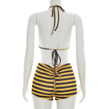 Stripe Print Short Sleeve Three Piece Shorts Set GDSF-J26ST161