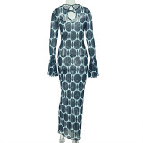 Print Hollow Out Long Sleeve Maxi Dress  GJYO-JD305311
