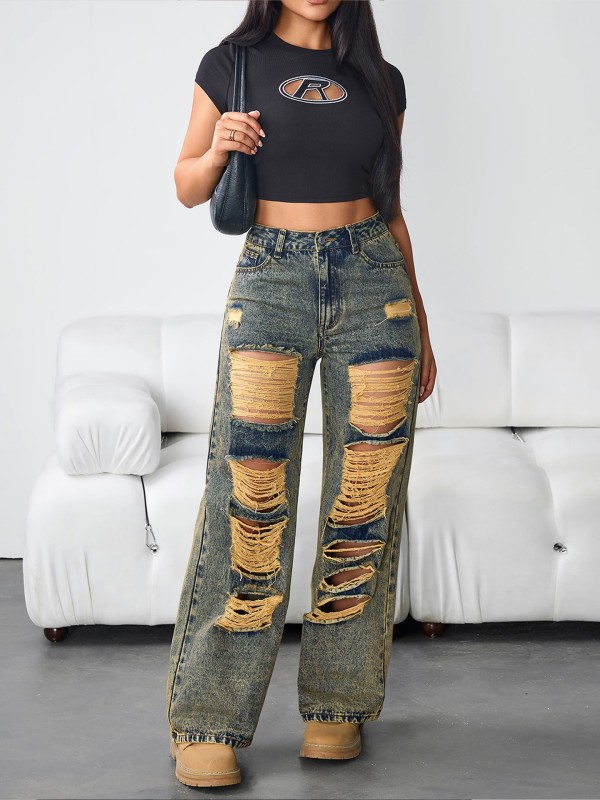 Retro Ripped Loose Straight Jeans GYXN-66288