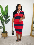 Color Blcok Short Sleeve Slim Midi Dress BMF-873
